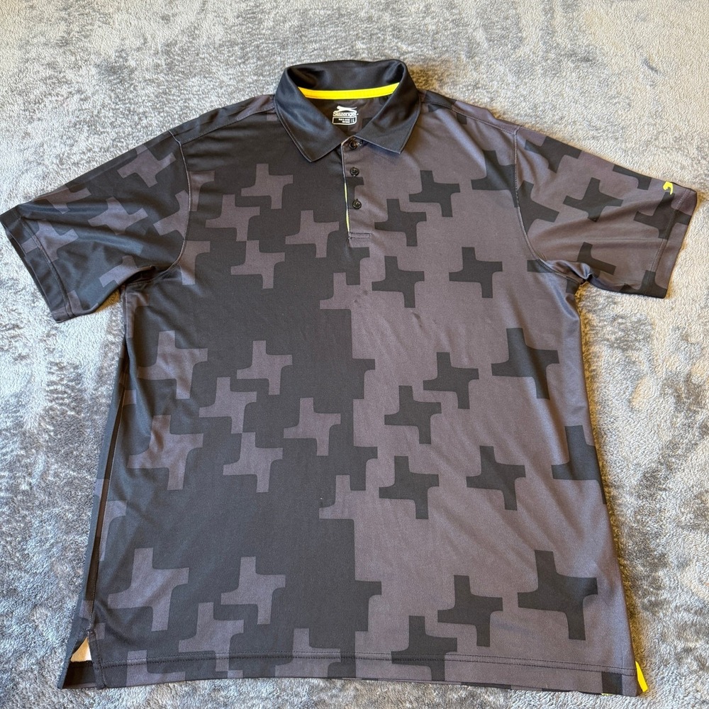 Slazenger Mens Golf Polo Shirt Large Grey Black Geometric Cross Pattern